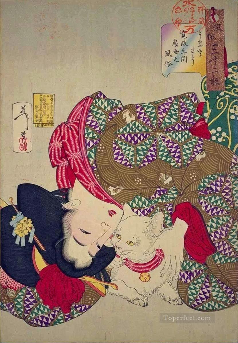 猫と遊ぶ寛政の若い女性 月岡芳年 美人画油絵